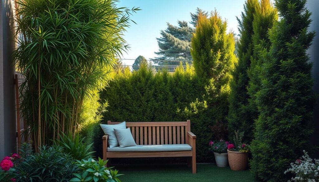Create a serene backyard corner featuring natural privacy screens made of lush, tall plants such as bamboo, evergreen hedges, and flowering shrubs. In the foreground, include a cozy seating area with a simple wooden bench adorned with soft cushions. The middle ground should showcase the vibrant green foliage of the privacy screens, providing a sense of seclusion. The background should display a clear blue sky and hints of distant trees, bathed in soft morning sunlight. Capture the scene from a slightly elevated angle to emphasize depth and layering. Aim for a warm, inviting atmosphere that evokes tranquility and retreat, with bright natural light illuminating the space beautifully.