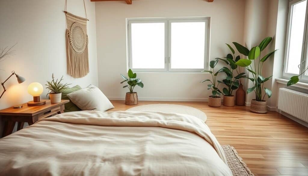Earthy bedroom decor featuring a cozy, minimalist design. The foreground includes a beautifully made bed with a soft beige blanket and plush, textured pillows in muted green hues. A rustic wooden nightstand holds a small potted plant and an artistic lamp, casting soft, warm light. The middle layer showcases a neutral-toned area rug on polished wooden floors, while a woven wall hanging adds depth and character. In the background, large, airy windows let in bright natural light, illuminating the room and highlighting leafy indoor plants placed in corners. The overall atmosphere is tranquil and inviting, reflecting a natural and effortlessly stylish aesthetic, captured with a wide-angle lens to emphasize spaciousness and warmth.