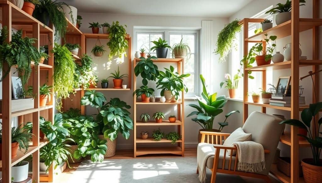 Indoor plant shelving ideas for small rooms, featuring a well-organized arrangement of wooden shelves adorned with a variety of indoor plants like ferns, succulents, and pothos. In the foreground, include a small, cozy reading nook with a plush chair and a soft blanket. In the middle ground, showcase the plant shelves, crafted from light-colored wood, with cascading greenery and decorative pots. In the background, highlight a window allowing bright, natural light to filter in, casting soft shadows and illuminating the space. Capture an airy and inviting atmosphere, enhancing the warm wood tones with soft sunlight for a calming effect. Use a wide-angle lens to emphasize the space and create depth.