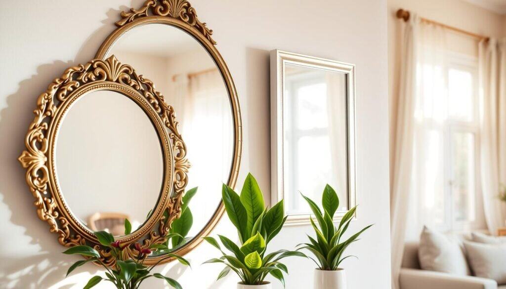 Luxurious decorative mirrors arranged elegantly on a light-colored wall, reflecting soft, natural sunlight streaming in through a window. The foreground includes an ornate round mirror with intricate carvings, accompanied by a sleek, modern rectangular mirror with a minimalist frame. In the middle layer, lush green indoor plants like a small fuchsia potted fern and a snake plant provide a touch of nature, enhancing the decor without overwhelming the space. The background features a cozy, inviting small living room with soft beige and pastel-colored accents, creating an airy atmosphere. The scene captures a cheerful, comfortable mood, emphasizing style while maintaining a clutter-free aesthetic. Use bright, natural lighting to highlight the textures and patterns of the mirrors and surrounding decor.