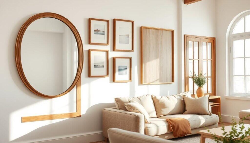 Natural wood frames showcasing various art pieces and mirrors, arranged aesthetically on a softly painted wall in a bright and airy living room. The foreground features a large oval mirror framed in rich oak, reflecting natural light, alongside smaller rectangular frames with minimalist artwork in soft colors. In the middle ground, a cozy seating area with a plush beige sofa complements the frames, while a small wooden side table holds a vase of fresh greenery. The background reveals large windows allowing soft sunlight to filter in, enhancing the warm wood tones of the frames. The atmosphere is serene and inviting, perfect for calm living décor. Focus on realistic textures of the wood and gentle shadows, shot with a wide-angle lens to emphasize depth and openness. Natural wood frames showcasing various art pieces and mirrors, arranged aesthetically on a softly painted wall in a bright and airy living room. The foreground features a large oval mirror framed in rich oak, reflecting natural light, alongside smaller rectangular frames with minimalist artwork in soft colors. In the middle ground, a cozy seating area with a plush beige sofa complements the frames, while a small wooden side table holds a vase of fresh greenery. The background reveals large windows allowing soft sunlight to filter in, enhancing the warm wood tones of the frames. The atmosphere is serene and inviting, perfect for calm living décor. Focus on realistic textures of the wood and gentle shadows, shot with a wide-angle lens to emphasize depth and openness.
