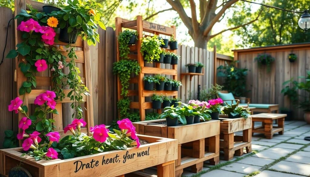 Pallet planter designs in a cozy backyard setting, showcasing a variety of wooden pallets repurposed as vertical and horizontal planters filled with vibrant flowers and lush greenery. In the foreground, a rustic wooden pallet planter displays colorful petunias and trailing vines, while a larger vertical pallet installation in the middle is adorned with potted herbs and small succulents. In the background, a serene patio space with a wooden bench and cheerful garden lighting enhances the scene. The image is bathed in bright natural light, with soft sunlight filtering through nearby trees, creating a warm and inviting atmosphere. The angle captures the depth of the garden space, highlighting the aesthetic and functional aspects of the planters in a harmonious outdoor retreat.