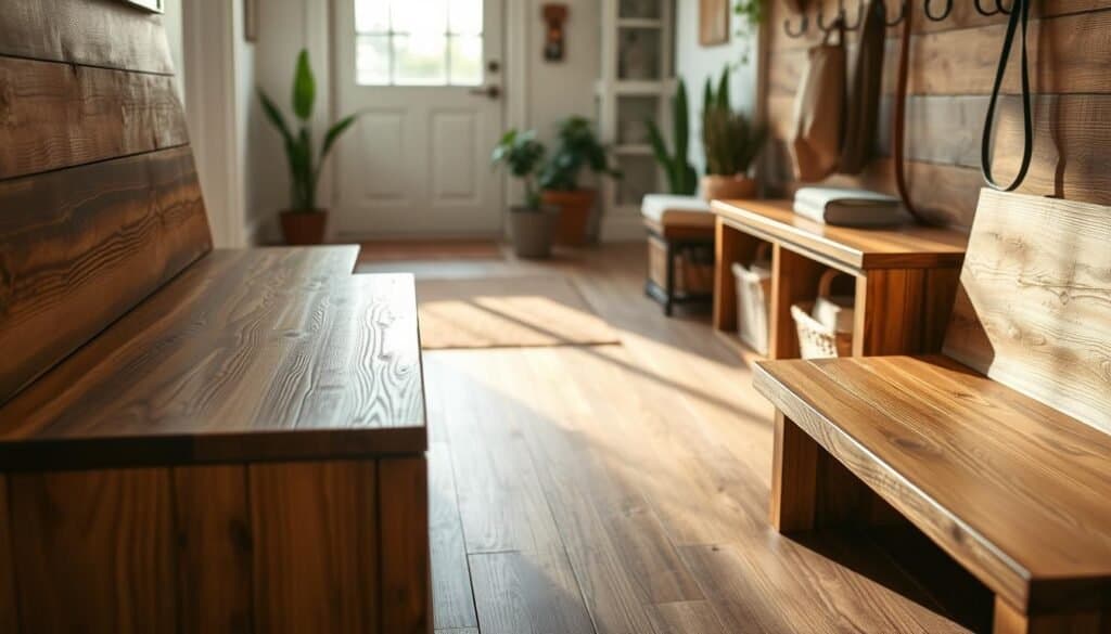 Rustic wooden benches with smart storage integrated into the design, showcasing a warm and inviting entryway atmosphere. The benches feature rich, textured wood grains, with natural imperfections that enhance their charm. In the foreground, a sturdy bench with open shelves beneath it displays neatly arranged baskets and decorative elements. In the middle ground, a stylish entryway rug adds warmth, while potted plants and a wall-mounted coat rack frame the scene. The background is softly illuminated by bright natural light filtering through a nearby window, casting gentle shadows that emphasize the depth of the wood. The overall mood is cozy and welcoming, perfect for a home entry. The image should be captured at a slight angle to provide depth and perspective, using a soft focus to enhance the inviting atmosphere.