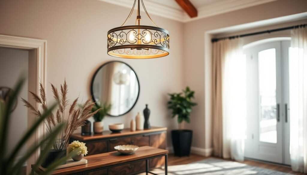 Sophisticated entryway featuring statement lighting fixtures, showcasing a large, artistic pendant light with intricate metalwork, hanging gracefully from a high ceiling. In the foreground, a beautiful wooden console table adorned with natural elements like potted plants and textured decor items. The middle ground emphasizes the ambient glow of the pendant light, casting soft shadows and highlights across the space, inviting warmth and elegance. In the background, bright natural light streams through a large window framed by soft, sheer curtains, enhancing the airy atmosphere. Capture this scene with a shallow depth of field to focus on the lighting design while creating a dreamy ambiance. The mood is welcoming and refined, perfect for a stylish entryway transformation.