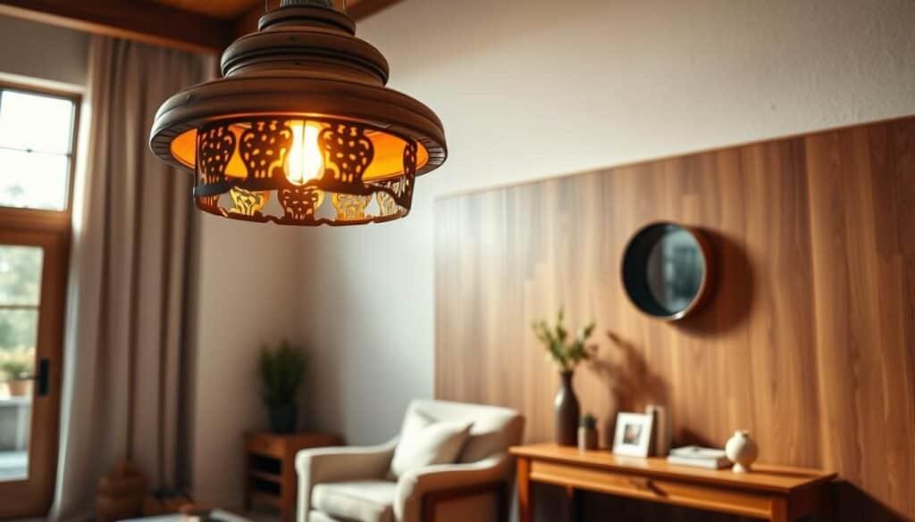 Warm, inviting living room featuring elegant wooden lighting fixtures as the focal point. In the foreground, display a rustic wooden pendant light with intricate carvings, casting soft, warm light. In the middle ground, add a cozy armchair upholstered in neutral tones, alongside a wooden side table showcasing decorative items. The background should reveal a textured wall with subtle wood paneling and a large window, allowing bright, natural sunlight to filter through, enhancing the serene atmosphere. Use a wide-angle lens to capture the entire scene, ensuring the lighting highlights the grain and details of the wood. Create a calm and airy ambiance that encourages relaxation and tranquility. Warm, inviting living room featuring elegant wooden lighting fixtures as the focal point. In the foreground, display a rustic wooden pendant light with intricate carvings, casting soft, warm light. In the middle ground, add a cozy armchair upholstered in neutral tones, alongside a wooden side table showcasing decorative items. The background should reveal a textured wall with subtle wood paneling and a large window, allowing bright, natural sunlight to filter through, enhancing the serene atmosphere. Use a wide-angle lens to capture the entire scene, ensuring the lighting highlights the grain and details of the wood. Create a calm and airy ambiance that encourages relaxation and tranquility.