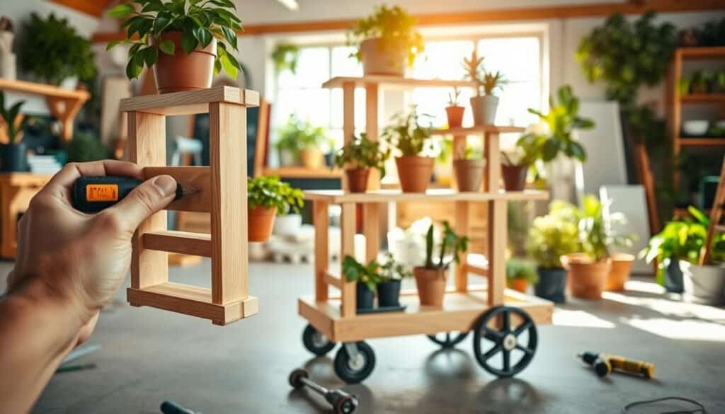 A beautiful DIY rolling plant cart crafted from natural wood, featuring multiple tiers to hold various potted plants. The cart has sturdy wheels for easy mobility, and is adorned with vibrant green foliage. In the foreground, a close-up of a hand assembling one of the shelves, with tools like a screwdriver and drill positioned nearby. The middle of the image shows the cart in progress, showcasing its design elements like smooth surfaces and artistic joins. The background is filled with a bright, airy workshop bathed in soft sunlight, with additional gardening tools and plants visible, creating a warm and inviting atmosphere perfect for DIY enthusiasts. The overall scene conveys a sense of creativity and functionality in home décor.