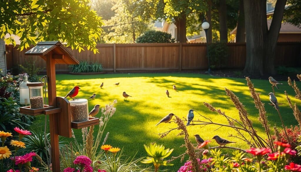 A beautiful backyard bird sanctuary filled with vibrant birds visiting various homemade feeders. In the foreground, a wooden bird feeder station with different types of feeders, including seed and suet feeders, surrounded by colorful flowers and native plants. In the middle ground, an inviting grassy area where small birds perch on branches and explore the garden. The background features a cozy wooden fence and tall trees, offering shade and a sense of enclosure. The atmosphere is bright and cheerful, illuminated by soft, golden sunlight filtering through the leaves, creating a warm, inviting ambiance. Captured from a slightly elevated angle to showcase the entire scene, highlighting the harmonious blend of nature and home.