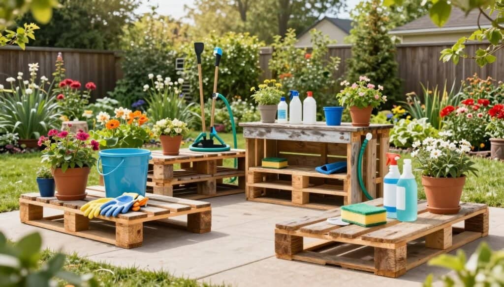 A beautiful backyard garden scene showcasing innovative pallet storage ideas for cleaning supplies and gardening accessories. In the foreground, rustic wooden pallets creatively arranged to store buckets, gloves, and sponges, all organized neatly. In the middle, a DIY garden tool cleaning station with a work surface made from a weathered pallet, surrounded by vibrant potted plants and tools like a hose and spray bottles. In the background, a lush garden filled with greenery and blooming flowers under bright, warm natural light, creating an inviting and airy atmosphere. Soft sunlight filters through the trees, enhancing the colors and textures of the scene, with a wide-angle perspective to capture the full essence of this practical and aesthetic garden setup. The mood is cheerful and inspiring, emphasizing creativity and DIY spirit.
