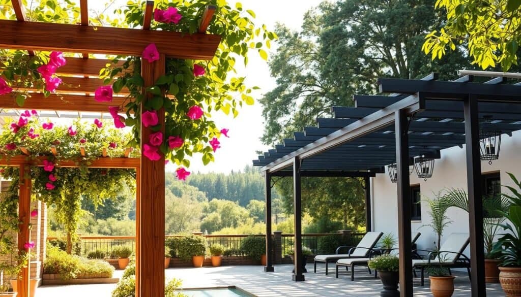 A beautiful courtyard featuring a variety of pergola designs, showcasing different sizes and proportions. In the foreground, a rustic wooden pergola draped with climbing vines and colorful bougainvillea blooms creates an inviting atmosphere. The middle ground highlights a modern metal pergola complemented by lounge chairs and potted plants, offering a cozy relaxation space. The background captures a serene green landscape with soft, diffused sunlight filtering through the trees, enhancing the peaceful ambiance. The scene is well-lit with bright natural light, showcasing the textures of wood and foliage, and is captured from a slight angle to emphasize depth. The mood is tranquil and inviting, ideal for outdoor living spaces.