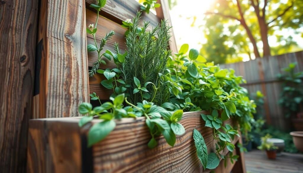 A beautifully arranged DIY pallet herb garden, showcasing a vertical planter made from reclaimed wood, filled with vibrant herbs like basil, rosemary, and mint. In the foreground, the rich texture of the weathered wood is highlighted, emphasizing the rustic charm. The middle ground features the lush greenery of the herbs, presenting various shades of green with small flowers blooming among them. In the background, a sunlit backyard scene unfolds, with soft sunlight filtering through leafy trees, creating a warm and inviting atmosphere. The angle captures the garden at eye level, enhancing the details of the plants while providing a serene, homely feel, perfect for small space gardening. The image should evoke creativity and inspiration for DIY projects.