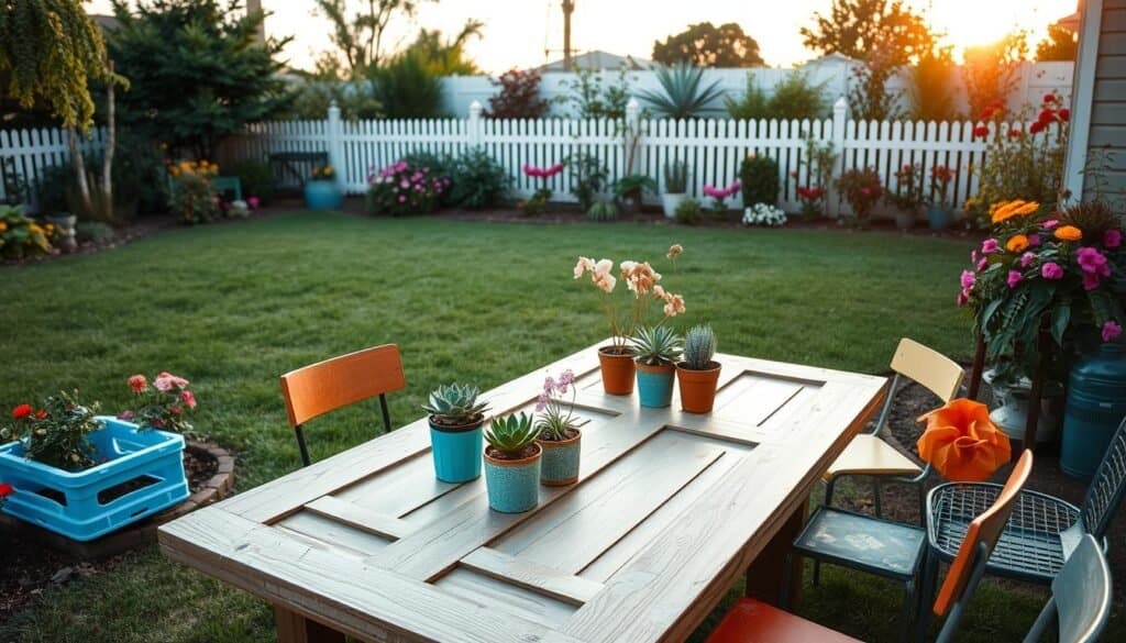 A beautifully arranged backyard scene featuring a garden table creatively constructed from repurposed household items. In the foreground, a table made from an old wooden door, adorned with potted succulents and a small vase of wildflowers. Surrounding the table, mismatched chairs made from colorful plastic crates and vintage metal seats invite relaxation. The middle ground showcases a lush green lawn and various flowering plants in bloom, enhancing the vibrant atmosphere. In the background, a white picket fence under the soft glow of early evening sunlight adds warmth to the setting. Capture the image with a wide-angle lens, highlighting the table’s uniqueness while maintaining a light, airy feel. The overall mood should convey a sense of creativity and cozy outdoor living.