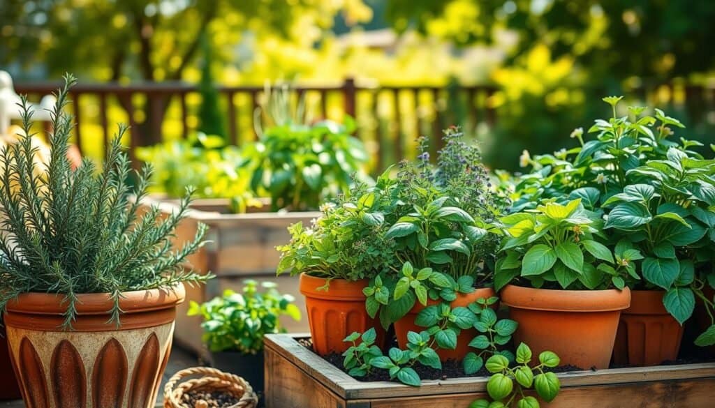 A beautifully arranged collection of potted herbs that thrive together, set in a bright, airy outdoor space. In the foreground, vibrant rosemary, basil, and thyme plants spill over their rustic terracotta pots, showcasing lush green leaves and delicate flowers. The middle ground features a wooden raised planter box filled with rich soil, accentuating the herbs' natural colors. In the background, a sunny garden scene unfolds, with soft sunlight filtering through leafy trees, creating dappled shadows. The atmosphere is inviting and serene, perfect for a backyard gardening vibe. The lens captures this scene with a soft focus, emphasizing the lushness and freshness of the herbs, inviting viewers to consider starting their own herb garden.