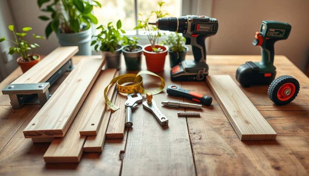 A beautifully arranged flat lay of essential materials and tools for a DIY rolling plant cart. In the foreground, a selection of sturdy wooden planks, metal brackets, durable caster wheels, and a power drill with drill bits. In the middle, a measuring tape and a square tool lie alongside a set of screwdrivers, all set on a rustic wood table. The background features soft sunlight filtering through a nearby window, illuminating a few potted plants to create a vibrant, airy atmosphere. The focus is sharp on the tools, while the lighting highlights the texture of the wood and the polished metal components, evoking a sense of creativity and inspiration for gardening enthusiasts.