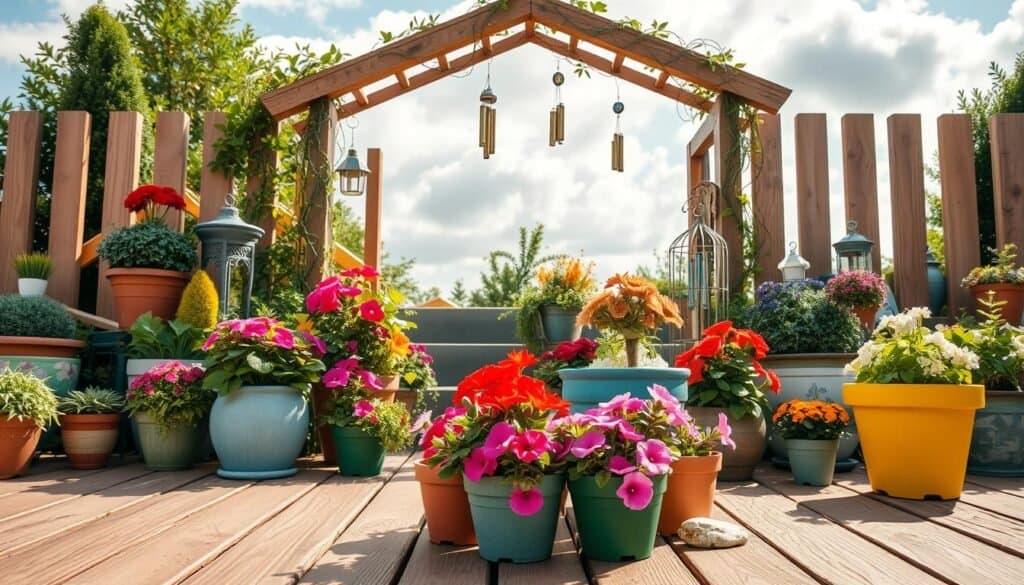 A beautifully arranged outdoor scene showcasing a variety of decorative garden pots and planters, placed around a charming wooden archway. In the foreground, vibrant pots filled with colorful blooming flowers and lush greenery sit on a wooden deck surrounded by painted stones. The middle ground features the archway adorned with climbing vines, fairy lights, and hanging wind chimes, inviting viewers into the garden. In the background, a bright sky filled with soft, fluffy clouds enhances the peaceful atmosphere. The scene is bathed in warm, natural light, casting gentle shadows that create depth. The focus is sharp, emulating a soft-focus lens effect to evoke a dreamy yet lively garden ambiance, emphasizing the decorative elements in a serene outdoor setting.