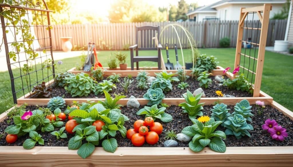 A beautifully arranged raised garden bed in a suburban backyard, showcasing various enhancements such as trellises, decorative stones, and companion plants. In the foreground, vibrant vegetables like tomatoes and lettuce are interspersed with colorful flowers, while natural wooden borders define the bed. In the middle ground, the raised bed is complemented by a small seating area with garden tools neatly organized nearby. The background features a well-maintained lawn and a distant fence, creating a cozy atmosphere. Soft, bright natural light bathes the scene, highlighting the textures of the soil and plants. The overall mood is serene and inviting, perfect for amateur gardeners looking for inspiration.