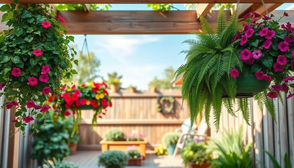 A beautifully arranged selection of vibrant hanging plants suitable for outdoor garden beams, depicted in a well-lit garden setting. In the foreground, cascading ivy, colorful petunias, and lush ferns hang elegantly from rustic wooden beams, showcasing their vivid colors and textures. The middle ground features a charming wooden deck with planters, enriched with a variety of flowering plants and greens. In the background, a clear blue sky and soft sunlight filter through the leaves, creating a warm and inviting atmosphere. Capture this serene garden scene using a wide-angle lens to highlight the hanging arrangements, ensuring a bright and airy feel that evokes a sense of tranquility and natural beauty.