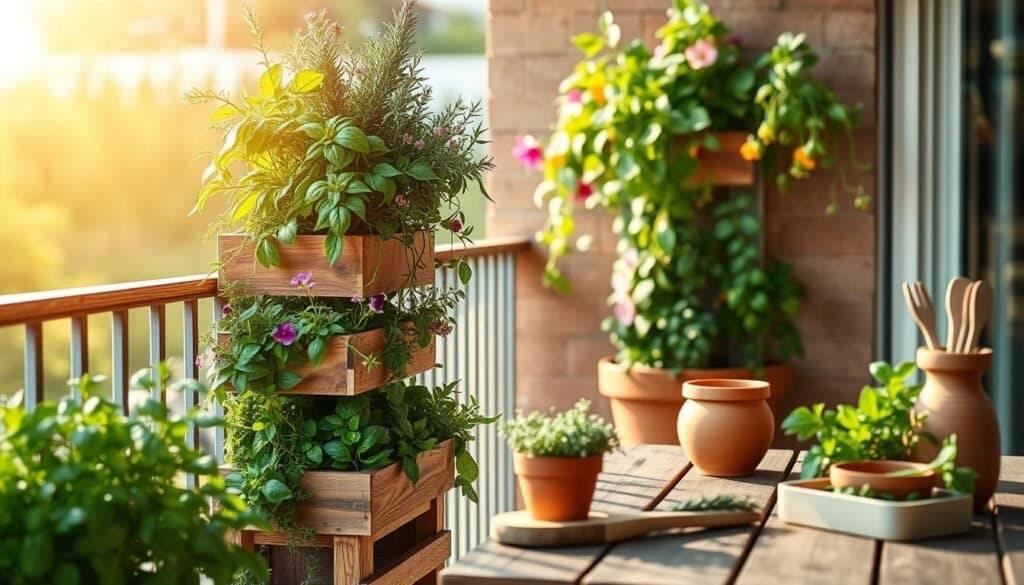 A beautifully arranged vertical herb garden designed for a balcony or patio setting, showcasing vibrant green herbs like basil, rosemary, and thyme cascading from stacked wooden planters. In the foreground, the planters are filled with lush greenery and colorful flowers, while in the background, a sunlit balcony railing is softly blurred, creating depth. The scene is bathed in warm, natural sunlight that filters through delicate leaves, highlighting the freshness of the herbs. A rustic wooden table may be subtly included, featuring terracotta pots and garden tools, enhancing the DIY aesthetic. The overall mood is inviting and serene, perfect for enhancing outdoor spaces. Shot with a shallow depth of field to emphasize the herb garden, maintaining clarity and focus.