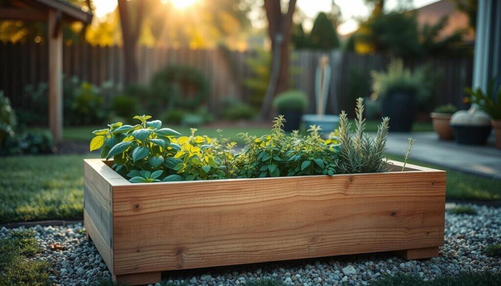 A beautifully arranged wooden herb garden featuring a classic raised bed design. In the foreground, a rectangular planter box made of weathered cedar wood filled with a variety of lush, green herbs including basil, thyme, and rosemary. The middle ground showcases neatly labeled herb sections, surrounded by a small gravel path for easy access. In the background, a serene backyard setting with soft, golden afternoon sunlight filtering through lightly swaying trees, creating a calm and inviting atmosphere. The composition captures the rich textures of the wood and vibrant greens of the herbs. The overall mood is tranquil, promoting the joy of gardening, with an emphasis on natural beauty and simple elegance. The scene is framed in a way that highlights depth, as if viewed from a slightly elevated angle.