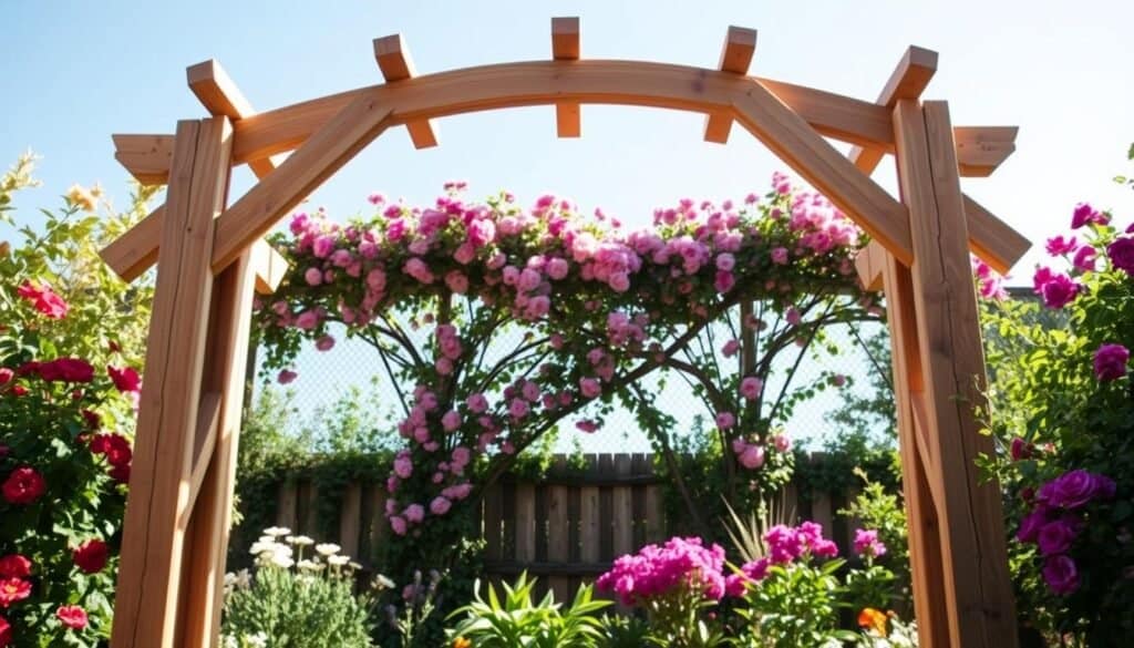 A beautifully constructed DIY garden archway made from natural wood, positioned in a vibrant garden. In the foreground, focus on the archway frame made of sturdy, rustic wooden beams, showcasing meticulous craftsmanship with visible joints and crossbeams. The middle layer features a lush backdrop of blooming flowers in various colors, intertwined with climbing vines that elegantly wrap around the arch. In the background, a clear blue sky allows soft sunlight to filter through, casting gentle shadows on the ground. The image should capture a serene and inviting atmosphere, illustrating a perfect entry feature for a charming garden. The shot is taken from a slightly low angle to emphasize the height and beauty of the archway, with bright natural light enhancing the warmth of the wooden structure.