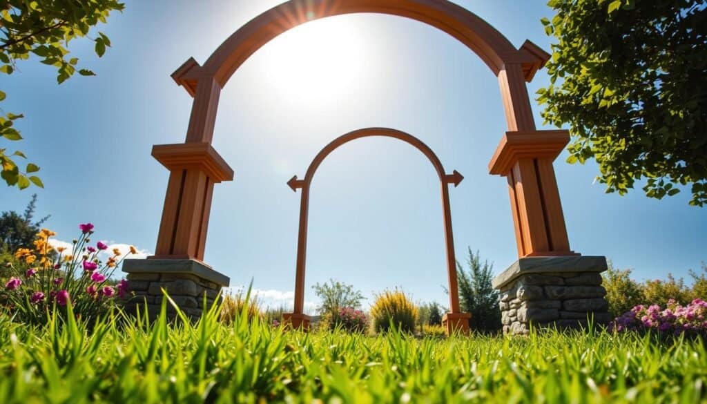 A beautifully constructed garden archway foundation, showcasing a sturdy wooden base with stone supports, positioned in a vibrant garden. In the foreground, rich green grass and colorful flowers surround the foundation, emphasizing the initial steps of DIY construction. The middle ground features the rising archway, crafted with elegant curves, ready for climbing plants. In the background, a clear blue sky and soft, diffuse sunlight illuminate the scene, creating a warm, inviting atmosphere. The angle captures the structure from a low perspective, highlighting its height and intricate details. This image focuses on the foundational elements, conveying a sense of craftsmanship and dedication to garden design.