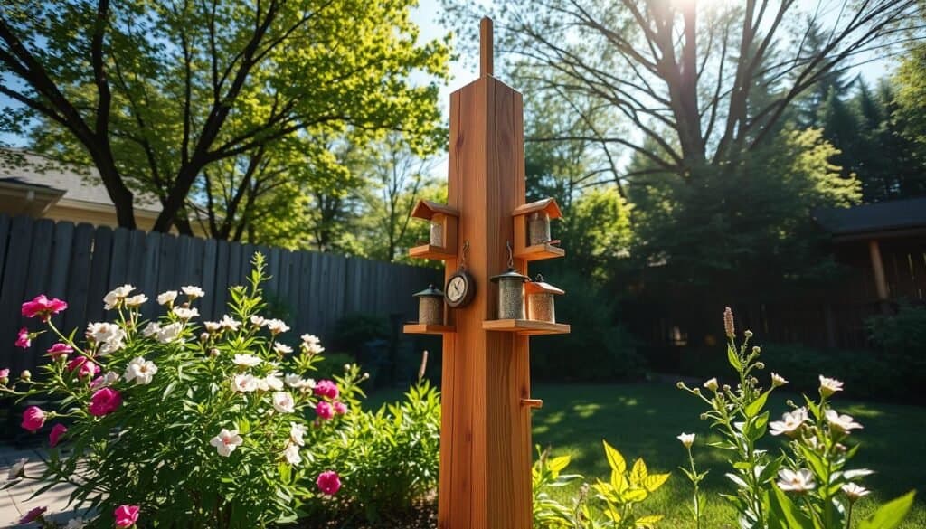 A beautifully crafted DIY bird feeder stand, made of rustic wood, standing tall in a serene backyard garden. In the foreground, the stand is adorned with multiple bird feeders, showcasing a variety of shapes and sizes, filled with seeds. The middle ground features blossoming flowers and lush green plants, adding color and vibrancy to the scene. In the background, soft sunlight filters through leafy trees, casting gentle shadows on the ground. The atmosphere is warm and inviting, evoking a sense of tranquility. The image is captured from a slight low angle, emphasizing the height of the feeder stand against the blue sky. Bright, natural light illuminates the scene, enhancing the beauty of the wooden textures and the surrounding nature, creating a cozy dwelling for backyard wildlife.