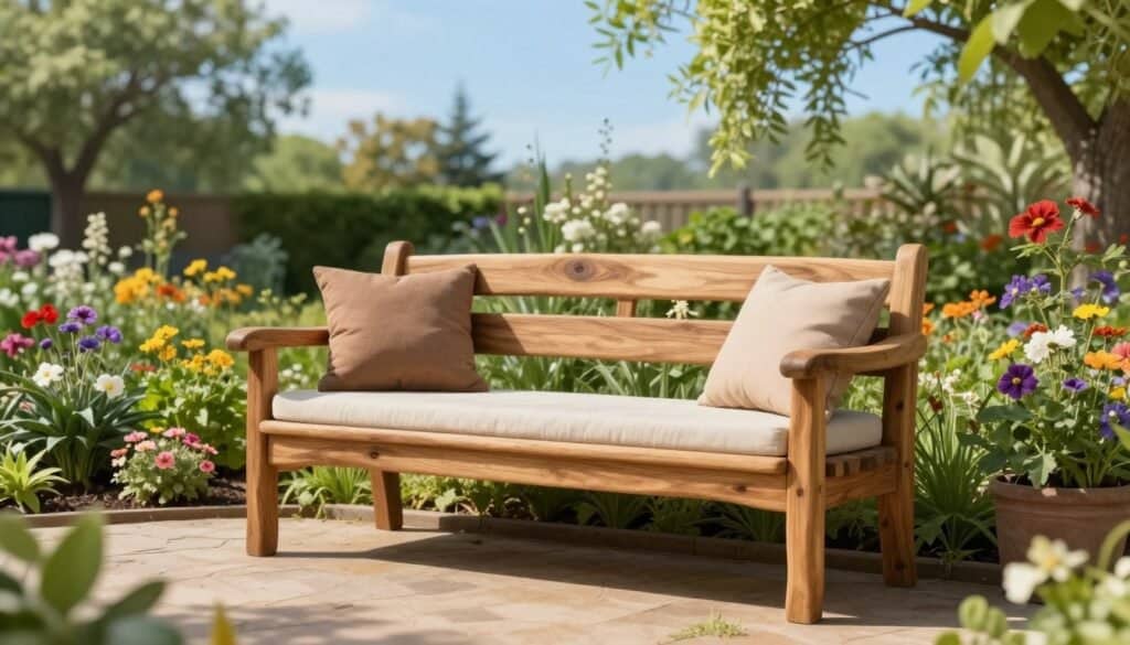 A beautifully crafted DIY garden bench made from natural wood, featuring a simple yet elegant design with smooth edges and a rustic finish. In the foreground, the bench showcases a comfortable seating area adorned with soft cushions in earthy tones. The middle ground features a lush green garden filled with colorful flowers and vibrant foliage, inviting relaxation. In the background, a clear blue sky is framed by gently swaying trees, allowing soft sunlight to filter through, casting gentle shadows on the ground. The atmosphere is serene and inviting, perfect for a cozy backyard retreat. The entire scene is bright and airy, captured with a shallow depth of field for a soft focus effect, emphasizing the tranquil environment.