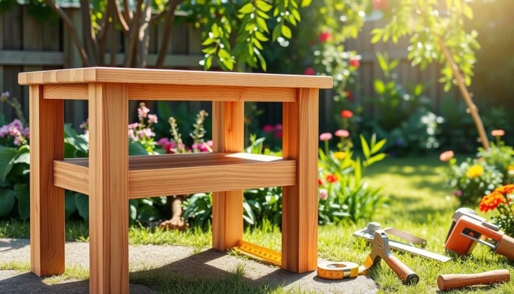 A beautifully crafted DIY wooden garden side table, prominently displayed in the foreground, showcasing its natural wood grain and smooth finish. The table features a simple yet elegant design with sturdy legs and a spacious top. Surrounding the table are essential tools for the DIY project, such as a tape measure, a saw, and a hammer, arranged neatly to emphasize the crafting process. In the middle ground, a lush green garden setting enhances the scene, with colorful flowers and plants adding a touch of vibrancy. The background consists of a serene backyard with soft sunlight filtering through the leaves, creating a warm and inviting atmosphere. The image is bathed in bright natural light, capturing the texture of the wood while conveying a sense of creativity and relaxation.
