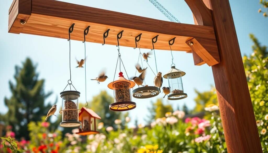 A beautifully crafted bird feeder hanger stands prominently in the foreground, showcasing its elegant, sturdy design of natural wood and metal accents. The middle ground features a variety of colorful bird feeders, filled with seeds, hanging from multiple hooks along the hanger, attracting a diverse array of small birds fluttering around. In the background, a lush garden scene is depicted, with vibrant greenery and blooming flowers under bright, soft sunlight, creating an inviting and airy atmosphere. The image is captured from a slight low angle to emphasize the height of the hanger and feeders, with warm, natural lighting enhancing the wood grain texture against a serene blue sky. The overall mood is tranquil and harmonious, celebrating backyard wildlife.