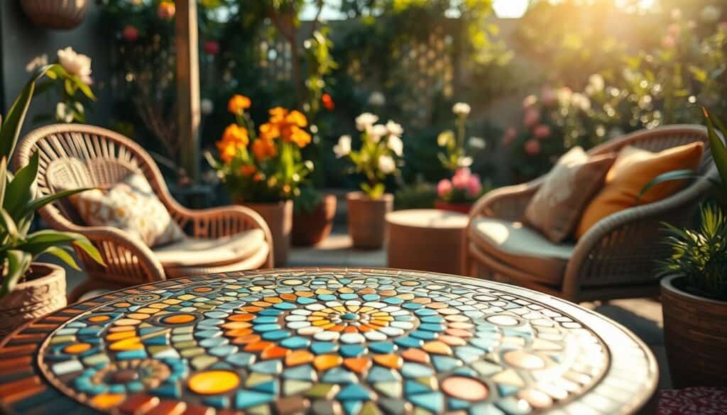 A beautifully crafted boho-inspired mosaic table, set in a cozy garden seating area. The table features a vibrant, intricate design made of ceramic tiles in earthy tones, blues, and greens, creating a stunning visual impact. In the foreground, showcase the table with a shallow depth of field, capturing the texture of the mosaic and its unique patterns. In the middle ground, include comfortable seating options like a woven rattan chair and decorative outdoor cushions in warm, earthy colors. The background should depict a lush garden with aromatic plants and flowers basking in soft, natural sunlight, enhancing the serene ambiance. The lighting is bright, creating a cheerful and inviting atmosphere. The angle should be a slightly elevated perspective, showcasing the entire table as the centerpiece of this charming outdoor space.