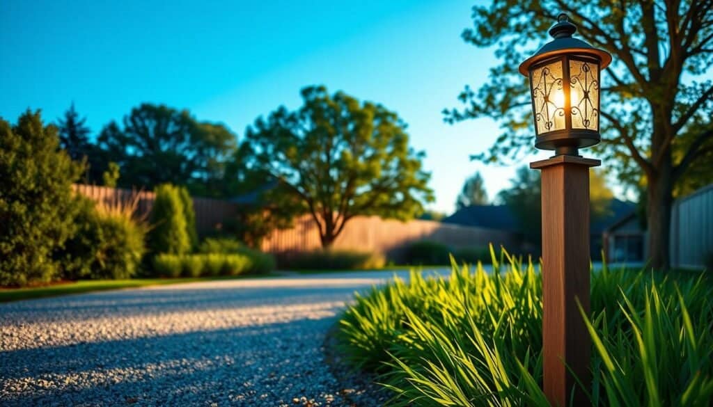 A beautifully crafted driveway lighting post stands proudly at the entrance of a well-manicured garden. The post, made of natural wood with a sturdy black metal lantern atop, illuminates the pathway with a warm, inviting glow. In the foreground, lush green grass flanks the gravel driveway, reflecting the soft sunlight that filters through a nearby tree, casting gentle shadows. The middle ground features the elegantly lit lantern, showcasing the intricate design of the glass. In the background, a clear blue sky suggests a serene evening, enhancing the peaceful atmosphere of the scene. The image captures the charm and functionality of outdoor lighting, emphasizing strategic placement to guide guests seamlessly along the pathway. The composition is airy and well-lit, ideal for an inspirational DIY project.