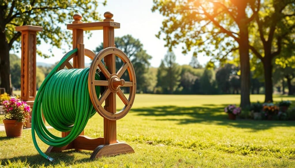 A beautifully crafted freestanding hose reel stand, made of sturdy wood with a natural finish, elegantly displayed in a lush garden setting on a sunny day. In the foreground, the reel is filled with a vibrant green garden hose coiled neatly. The middle ground features wooden posts with intricate joinery, showcasing artisanal craftsmanship, while potted plants and flowers add color and life. In the background, a well-maintained lawn stretches out under a clear blue sky, with distant trees providing shade. Soft sunlight filters through the leaves, casting inviting shadows and enhancing the peaceful outdoor atmosphere. The scene highlights the practicality and aesthetic appeal of a hose holder, perfect for enhancing any open yard space.