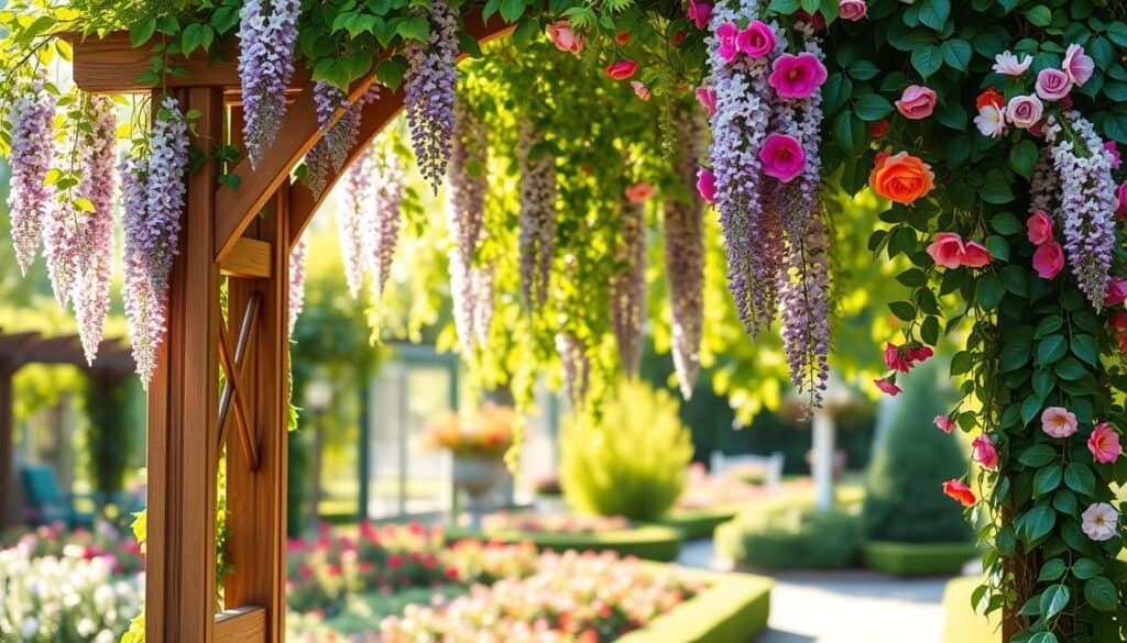 A beautifully crafted garden archway draped with lush climbing plants, showcasing a vibrant mix of wisteria, climbing roses, and ivy. In the foreground, the intricate details of the wooden archway's craftsmanship are visible, while the climbing plants cascade gracefully over the structure, their colorful flowers in full bloom. The middle ground features a well-manicured garden with soft, dappled sunlight filtering through vibrant green leaves, creating a serene atmosphere. The background includes softly blurred flower beds and garden pathways, enhancing the sense of depth. The overall mood is tranquil and inviting, with a bright, airy feel that welcomes outdoor enthusiasts to explore. Shot in natural light with a soft focus effect to emphasize the beauty of the plants and the archway design.
