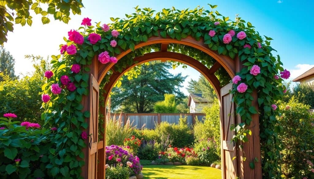 A beautifully crafted garden archway made of rustic wood, adorned with lush climbing plants such as vibrant flowering vines and trailing ivy. In the foreground, the archway stands elegantly with detailed textures, capturing the natural wood grain and entwined greenery. The middle ground features a blooming garden filled with various colorful flowers and leafy shrubs, inviting a sense of tranquility. In the background, a bright blue sky is visible, with soft, warm sunlight filtering through the leaves, creating dappled shadows on the ground. The setting conveys a serene and welcoming atmosphere, perfect for enhancing the beauty of a backyard entrance. The image should be well-composed, with a slight angle that highlights the archway's charm and the lush plant life.