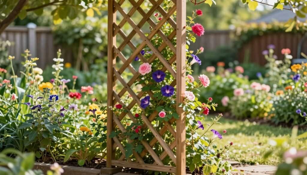 A beautifully crafted lattice trellis stands in the foreground, showcasing its intricate geometric patterns made of natural wood. The trellis is adorned with vibrant climbing plants, such as morning glories and climbing roses, which add splashes of color. In the middle ground, a lush garden filled with various greenery and flowers creates a serene atmosphere. Soft, diffused sunlight filters through leaves, casting gentle shadows on the ground. The background features a blurred view of a quaint garden setting, with hints of a rustic fence and blooming shrubs. The image is captured in warm, inviting tones, evoking a sense of tranquility and inspiration, ideal for anyone considering a DIY gardening project. The perspective is slightly angled, emphasizing both the trellis and the flourishing plants, inviting the viewer into this vibrant garden space.