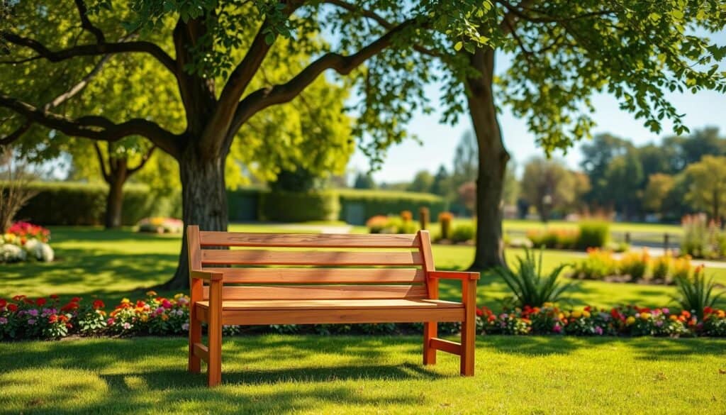 A beautifully crafted outdoor wood bench made from high-quality cedar, showcasing its rich grain and natural color variations. In the foreground, the bench sits on a lush green lawn, surrounded by colorful flowering plants. In the middle, the bench is positioned beneath a large, leafy tree, with dappled sunlight filtering through the branches, casting gentle shadows on the ground. In the background, a serene garden landscape with a clear blue sky enhances the peaceful ambiance. The image captures a warm, inviting mood, emphasizing the durability and aesthetic appeal of the wood. The scene is bright and airy, with soft natural light highlighting the texture of the bench and the vibrant colors of the garden. No people are present.