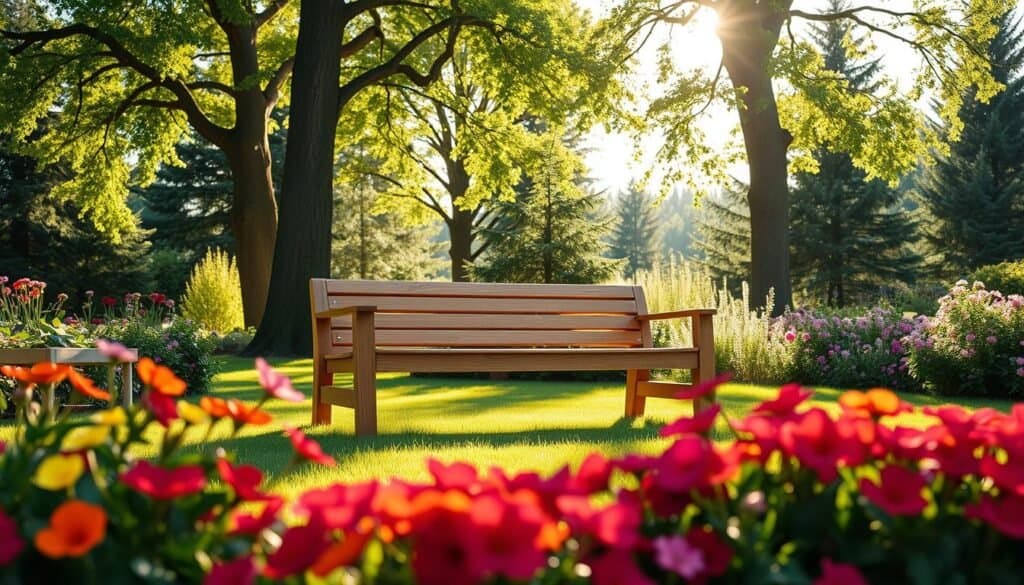 A beautifully crafted outdoor wooden bench set on a lush green lawn, surrounded by colorful flowers and tall trees. The bench features a contemporary design with smooth lines and a natural wood finish, emphasizing craftsmanship and comfort. In the foreground, vibrant flower beds are in full bloom, adding a pop of color. In the middle ground, the bench serves as the focal point, bathed in soft, warm sunlight filtering through the leaves, creating playful shadows. In the background, sun-dappled trees tower gently, completing the serene outdoor setting. The atmosphere is tranquil and inviting, perfect for relaxation in a garden space. The image is captured with a wide-angle lens, showcasing the harmonious blend of design and nature in high resolution.