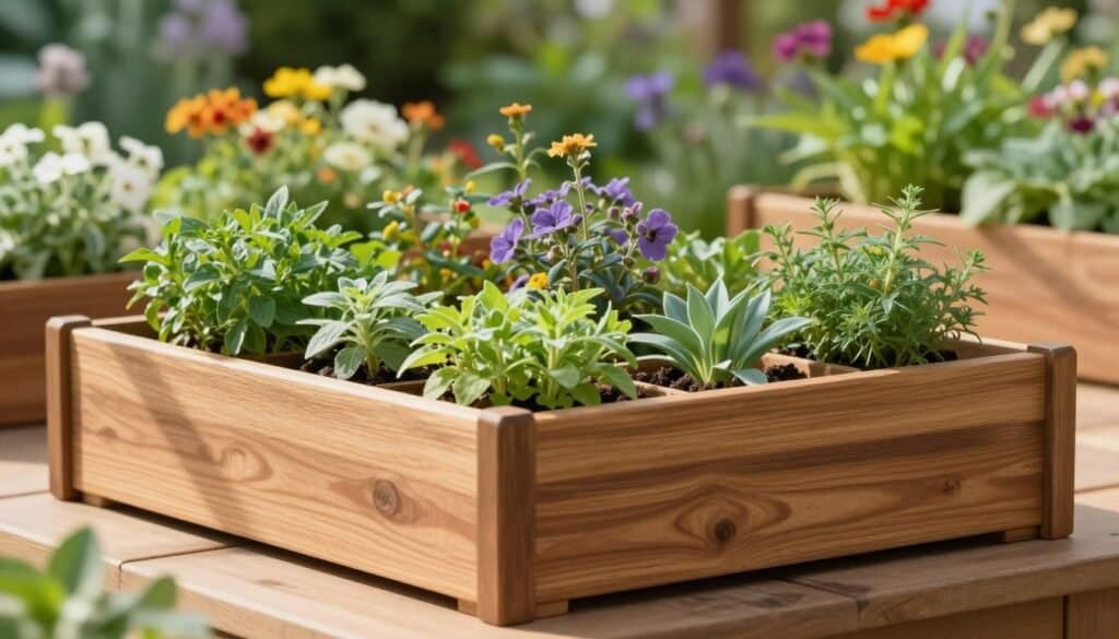 A beautifully crafted plant divider box made from natural wood, featuring multiple compartments filled with a variety of vibrant garden plants, such as herbs, flowers, and small shrubs. The divider box is positioned in the foreground, showcasing its intricate joinery and smooth finish. Soft, diffused sunlight streams in from the side, casting gentle shadows and highlighting the rich textures of the wood and the lush greenery of the plants. In the middle background, a vibrant garden scene with blooming flowers and greenery creates a harmonious atmosphere. The overall mood is inviting and serene, capturing the essence of an organized garden space. The composition is shot at a slight angle to emphasize depth, evoking a sense of tranquility and purposeful design.