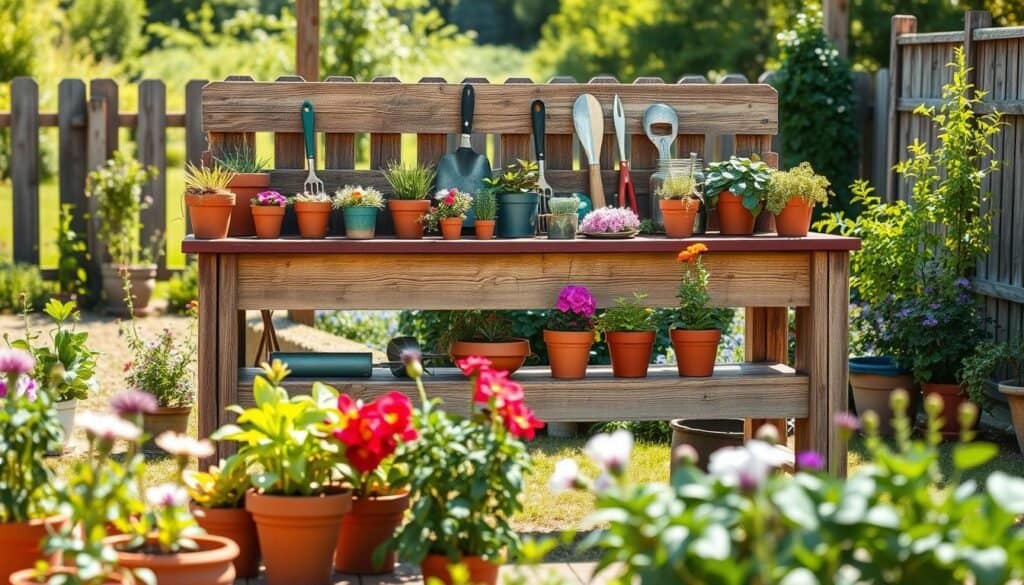 A beautifully crafted potting bench made from weathered wood, situated in a serene backyard garden. In the foreground, the bench is adorned with various potted plants and gardening tools, showcasing its functionality. The middle ground features a vibrant assortment of colorful flowers and herbs in terracotta pots, all bathed in soft, natural sunlight. In the background, a lush green landscape and a wooden fence add depth to the scene, enhancing the idyllic garden atmosphere. The image captures bright, airy lighting, creating a tranquil and inviting mood. The composition should be framed from a slightly elevated angle, highlighting the potting bench's practicality and charm. No people are present, ensuring a focus on the bench and the surrounding garden environment.