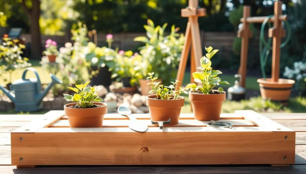 A beautifully crafted self-watering planter DIY project sits prominently in the foreground, showcasing wooden slats and terracotta pots with visible drainage systems. Bright natural light spills down, highlighting the vibrant plants nestled within. In the middle ground, tools like a watering can, soil, and a small trowel are neatly arranged, illustrating the assembly process. The background features a charming garden scene with lush greenery and a wooden garden hose holder, creating a cohesive outdoor atmosphere. The image captures a warm, inviting mood, with soft sunlight filtering through the trees, emphasizing the beauty of DIY gardening. The angle is slightly elevated, providing an engaging view of the planter and its surroundings, perfect for inspiring readers.