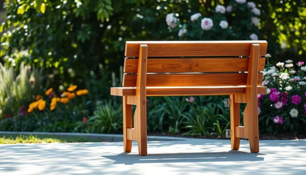 A beautifully crafted weather-resistant wood bench sits prominently in the foreground, showcasing its rich, textured grain and robust construction. The bench, designed for outdoor use, features a natural finish that reflects the warm hues of the wood, with subtle glimmers of sunlight highlighting its surfaces. Behind the bench, a serene garden setting blossoms with lush greenery and vibrant flowers, creating a tranquil atmosphere. Soft, diffused sunlight filters through the leaves, casting gentle shadows on the ground. The angle captures the bench from a slightly elevated perspective, emphasizing its sturdy legs and inviting seat. The overall mood is peaceful and inviting, perfect for enjoying the outdoors, with an emphasis on functionality and aesthetic appeal.