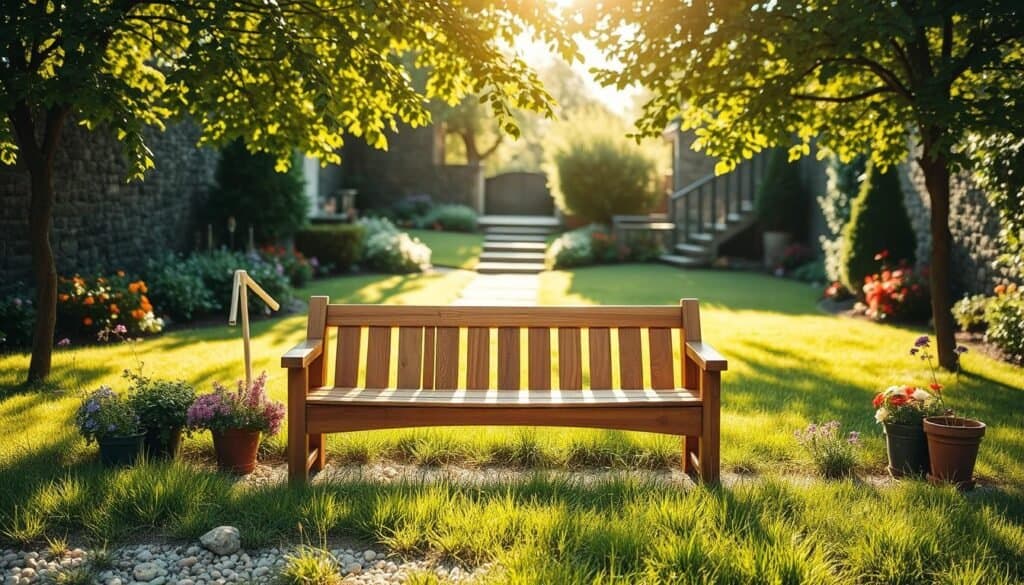A beautifully crafted wooden outdoor bench, showcasing warm, natural wood tones, is centered in a tranquil garden setting. Surrounding the bench, vibrant green grass stretches out, interspersed with colorful wildflowers. In the foreground, a few pebbles and small potted plants add texture to the scene. The middle ground features the bench placed strategically beneath the dappled sunlight filtering through leafy trees, creating a serene atmosphere perfect for relaxation. In the background, a soft-focus view of a quaint stone pathway leads into the distance, enhancing the inviting feel. The scene is illuminated by soft, bright sunlight, giving the image a warm and airy ambiance, capturing the essence of an ideal outdoor seating area.