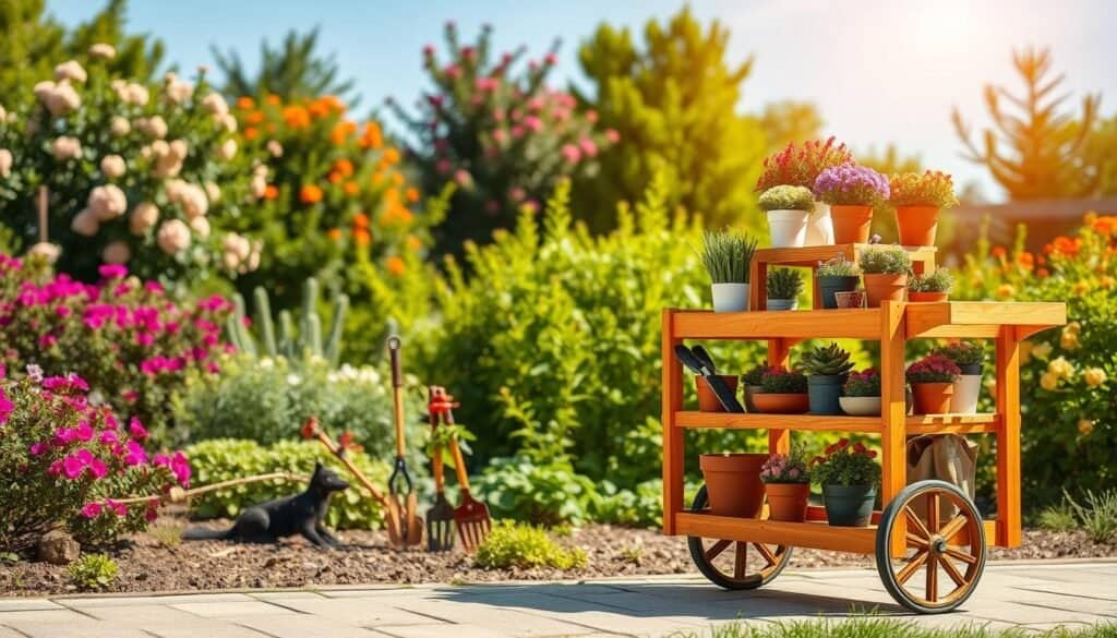 A beautifully crafted wooden rolling cart designed for garden tasks, featuring multiple shelves to hold various potted plants and gardening tools. The foreground showcases the cart filled with vibrant flower pots and gardening equipment like trowels and gloves. In the middle ground, lush greenery with assorted plants demonstrates the cart in use, emphasizing its practical purpose. The background includes a serene garden setting with flowering shrubs and a clear blue sky, bathed in warm, soft sunlight that enhances the colors and textures. The atmosphere is peaceful and inviting, capturing the joy of outdoor gardening. A shallow depth of field focuses on the cart, making it the center of attention in this bright, airy scene.
