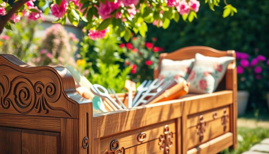 A beautifully crafted wooden storage bench designed for outdoor use, showcasing intricate detailing such as carved accents and unique patterns. The bench is filled with colorful garden cushions, adding a touch of style and comfort. In the foreground, highlight the texture of the natural wood grain. In the middle ground, feature garden tools neatly organized within the storage compartment, surrounded by soft sunlight filtering through leafy overhead branches. The background should display a lush backyard setting with vibrant flowers and greenery, evoking a serene and inviting atmosphere. The scene is illuminated by bright, natural light, enhancing the bench's details and textures. Capture the image from a slightly elevated angle to showcase both the storage features and the cozy aesthetic.