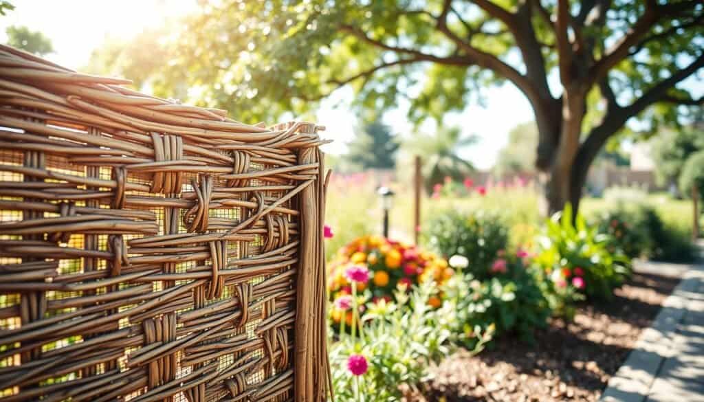 A beautifully crafted woven branch and reed fencing section, showcasing intricate patterns made from natural materials. In the foreground, the textured details of the weaving are highlighted, displaying various shades of brown and green. The middle ground features a lush garden setting, with vibrant flowers and greenery that enhance the privacy screen aesthetic. In the background, soft sunlight filters through a tree canopy, casting gentle shadows on the ground. A bright, airy atmosphere envelops the scene, inviting a sense of tranquility and seclusion. The image is shot with a shallow depth of field, focusing sharply on the fencing while softly blurring the surrounding garden elements, creating a serene and inviting mood.