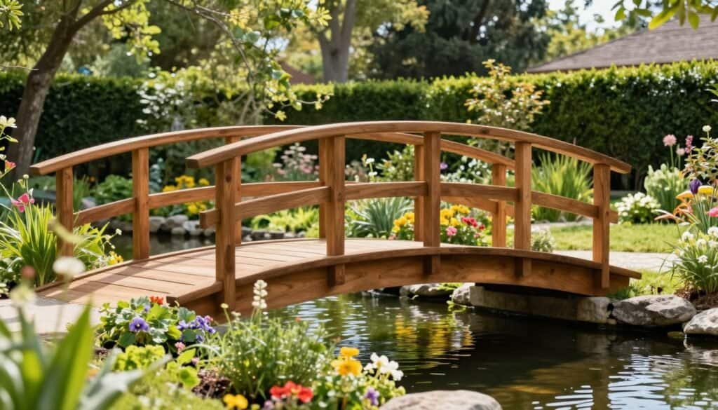A beautifully designed DIY garden bridge sits gracefully over a small pond in a vibrant backyard. In the foreground, lush green plants and colorful flowers bloom beside the bridge, adding a natural touch. The bridge itself is crafted from warm-toned wood, featuring elegant railings and a gentle arch that invites viewers to wander across. In the middle ground, the bridge spans the water, reflecting soft sunlight that creates shimmering patterns on the surface. The background showcases a mix of tall trees and well-manicured hedges, providing depth and enhancing the tranquil atmosphere. The scene is bathed in bright, natural light, conveying a serene and inviting mood, perfect for summer gatherings. The perspective is from slightly below the bridge, emphasizing its strategic placement in the garden for maximum visual appeal.