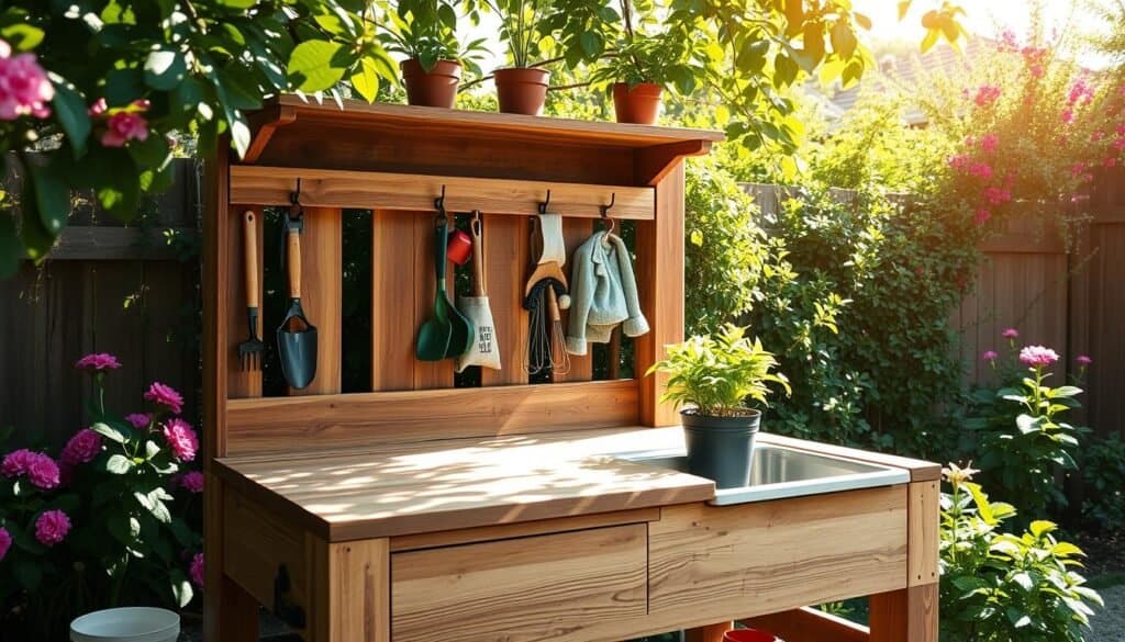 A beautifully designed DIY garden potting bench made of reclaimed wood, featuring a sturdy work surface, multiple shelves for plant pots, gardening tools hanging on hooks, and a small sink for easy cleanup. The scene is set in a lush backyard with vibrant flowers and greenery in the background, creating a serene outdoor atmosphere. Sunlight filters through leaves, casting soft shadows on the bench, highlighting the textures of the wood. A pot of freshly potted plants sits on the bench. The image captures a warm and inviting mood, portraying a perfect outdoor workstation for gardening enthusiasts. The angle is slightly elevated, providing a clear view of the potting bench's features while maintaining a sense of charm in the garden setting.