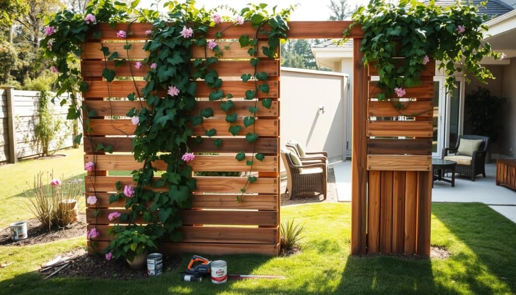 A beautifully designed DIY privacy screen made from wooden pallets is the focal point of the image, showcasing a rustic yet modern aesthetic in a backyard setting. In the foreground, the screen is partially covered with climbing vines and flowering plants, emphasizing the charm of an outdoor project. The middle ground reveals tools like a saw and paint cans neatly arranged, hinting at the DIY process, while a well-manicured lawn provides a bright, inviting atmosphere. In the background, a subtle glimpse of a cozy patio area with comfortable furniture is visible, bathed in soft, natural sunlight. The scene should evoke a sense of creativity and inspiration for home improvement, captured with a wide-angle shot to create depth and an airy feel, with no people present.