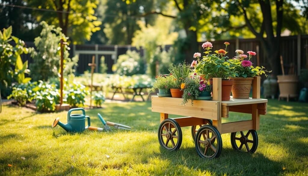 A beautifully designed DIY rolling plant cart sits in the foreground, showcasing several potted plants including herbs and colorful flowers. The cart is made from natural wood, with sturdy wheels, placed on a lush green lawn that reflects careful gardening maintenance. In the middle ground, there are gardening tools like a trowel, pruning shears, and a watering can neatly arranged. In the background, a soft-focus vegetable garden grows, bathed in bright natural light, with soft sunlight filtering through leafy trees, creating dappled shadows. The atmosphere is serene and inviting, evoking a sense of tranquility and joy in gardening. The camera angle is slightly elevated, capturing the rolling cart along with the vibrant scene, emphasizing the beauty of backyard gardening.