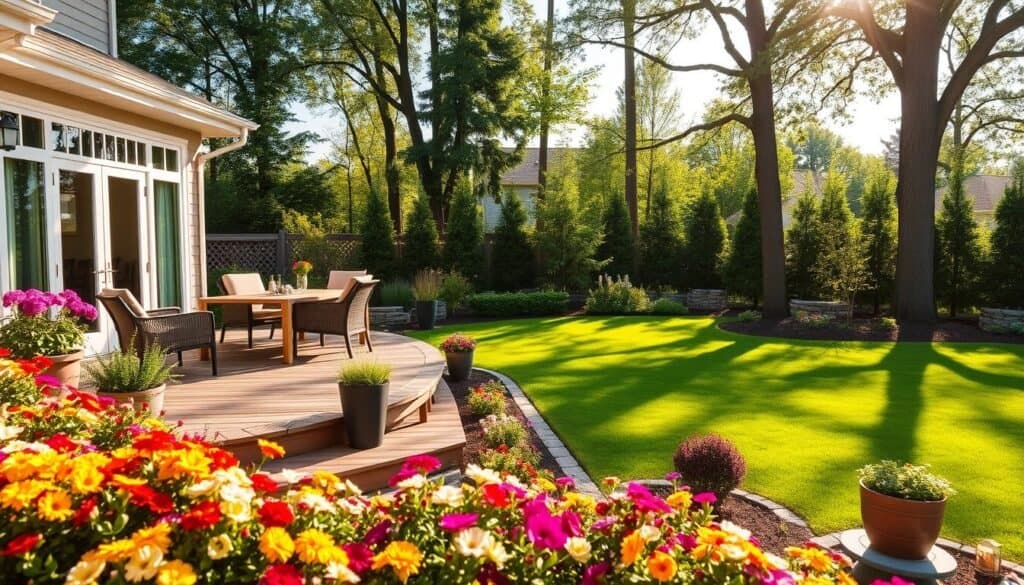 A beautifully designed backyard deck integrated with lush landscaping, featuring a spacious wooden deck with modern outdoor furniture like a chic dining set and comfortable lounge chairs. In the foreground, vibrant flower beds with colorful blooms and well-maintained shrubs create a welcoming atmosphere. The middle ground showcases the deck's seamless connection to a lush green lawn, with potted plants on the deck adding depth. In the background, tall trees add a sense of tranquility, their leaves gently rustling in a soft breeze. The scene is illuminated by bright natural light with soft sunlight filtering through, casting gentle shadows that enhance the inviting ambiance of the space. This cohesive design evokes a serene and harmonious outdoor living environment.