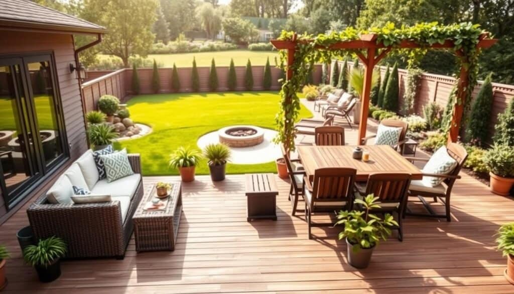 A beautifully designed backyard patio deck layout, featuring a wooden deck with a combination of lounge seating and a dining area. In the foreground, stylish outdoor furniture like a wicker loveseat with plush cushions and a wooden dining table set, surrounded by potted plants. The middle ground showcases decorative elements like a fire pit and a trellis adorned with climbing vines, providing a cozy ambiance. In the background, a lush green lawn transitions into a manicured garden, completing the tranquil atmosphere. The scene is illuminated by soft, natural sunlight, creating a warm and inviting mood, captured from a slightly elevated angle to provide a comprehensive view of the layout and configuration. The overall feel is fresh, airy, and perfect for outdoor gatherings.